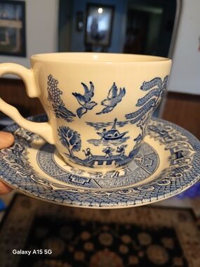 Blue and White Willow Pattern Porcelain Teacup and Saucer